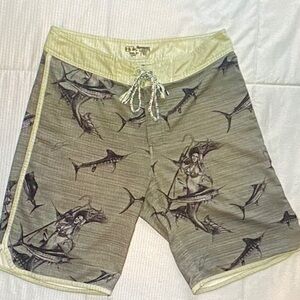 Huk Yellow and Gray Shark Print Board Shorts